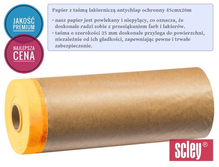 Papier malarski z taśmą lakierniczą antychlap ochronny 45cmx20m