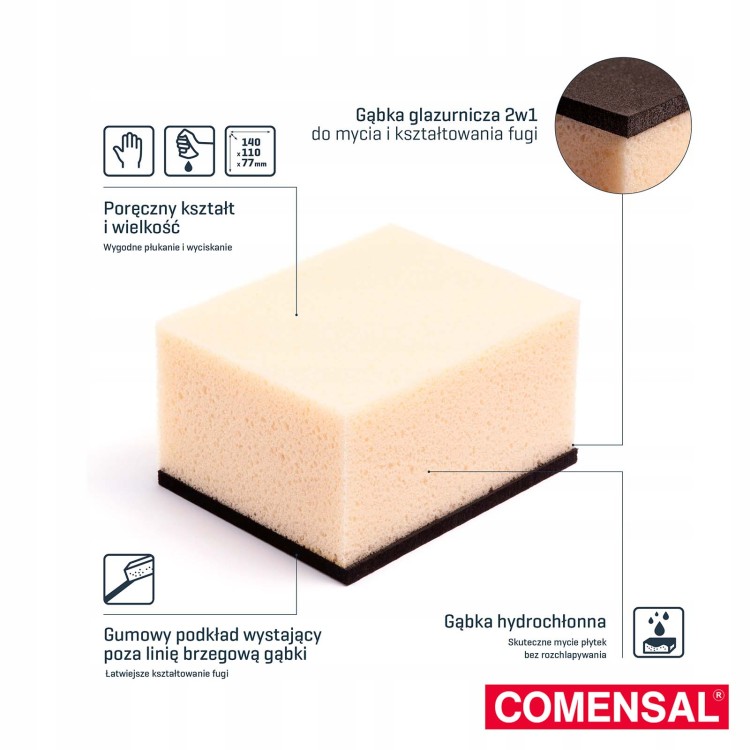Gąbka glazurnicza 2w1 do mycia i fugowania 140x110x77mm Comensal