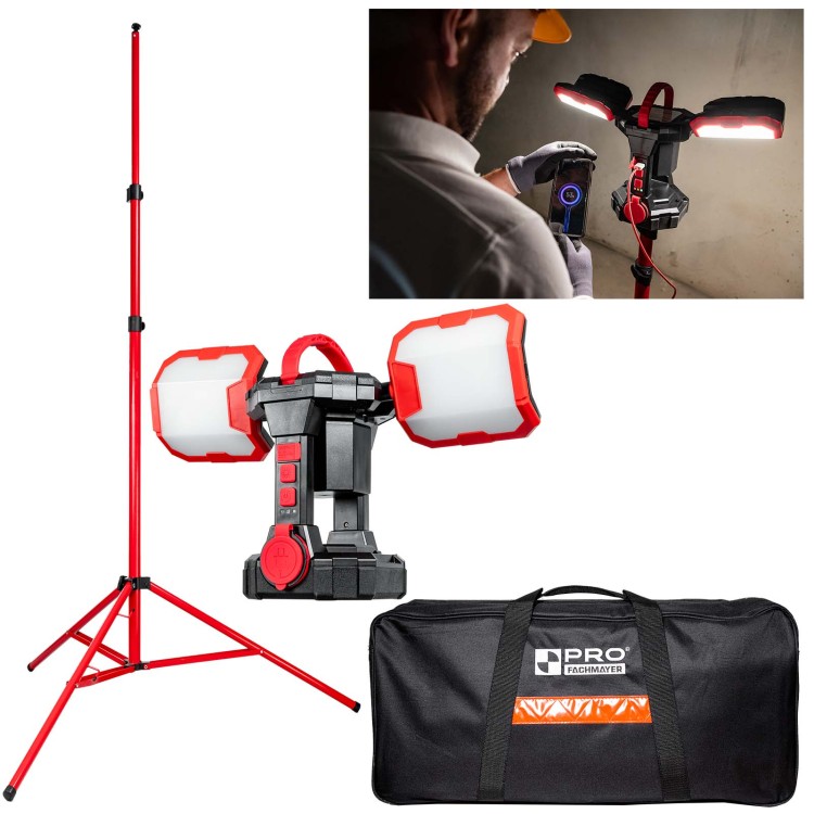 Silna lampa budowlana LED, reflektor LED akumulatorowy, komplet PRO-LD625 + statyw + torba