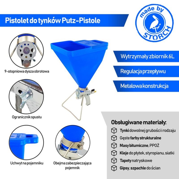 Pistolet do tynku, pistolet do tynkowania, profesjonalny Storch Putz-Pistole z podstawką