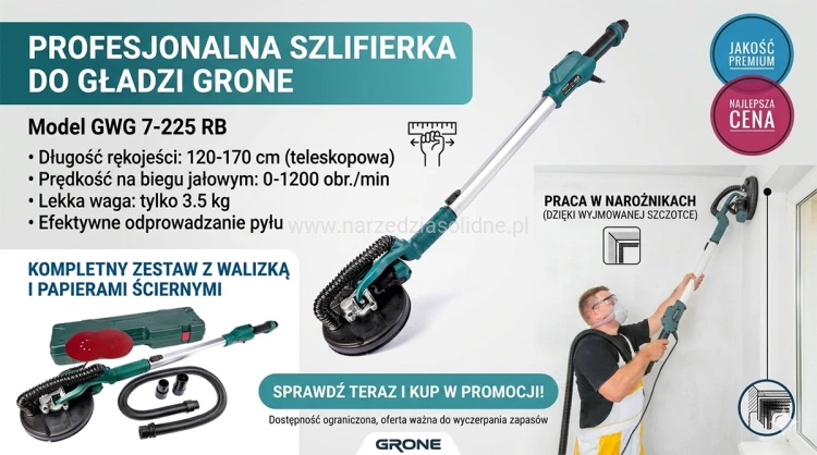 Żyrafa do gipsu, szlifierka do ścian, żyrafa do gładzi na wysięgniku - profesjonalny zestaw Grone