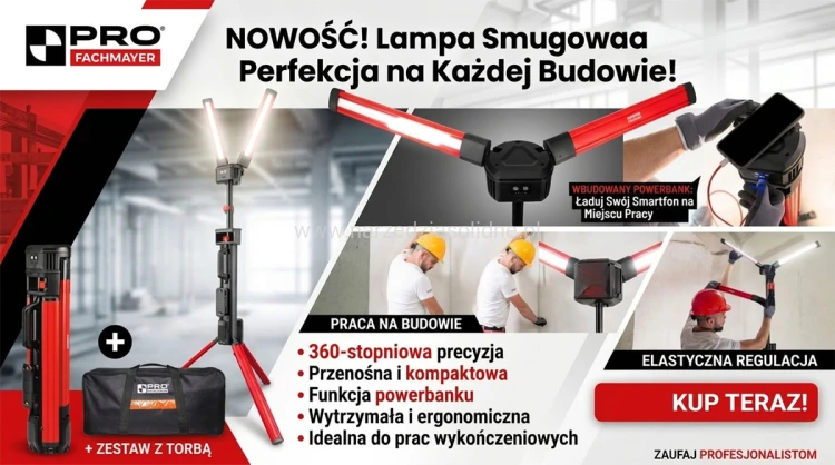 Lampa smugowa LED, do gładzi, Pro Fachmayer, mocna akumulatorowa lampa smugowa z regulacją w każdym kierunku