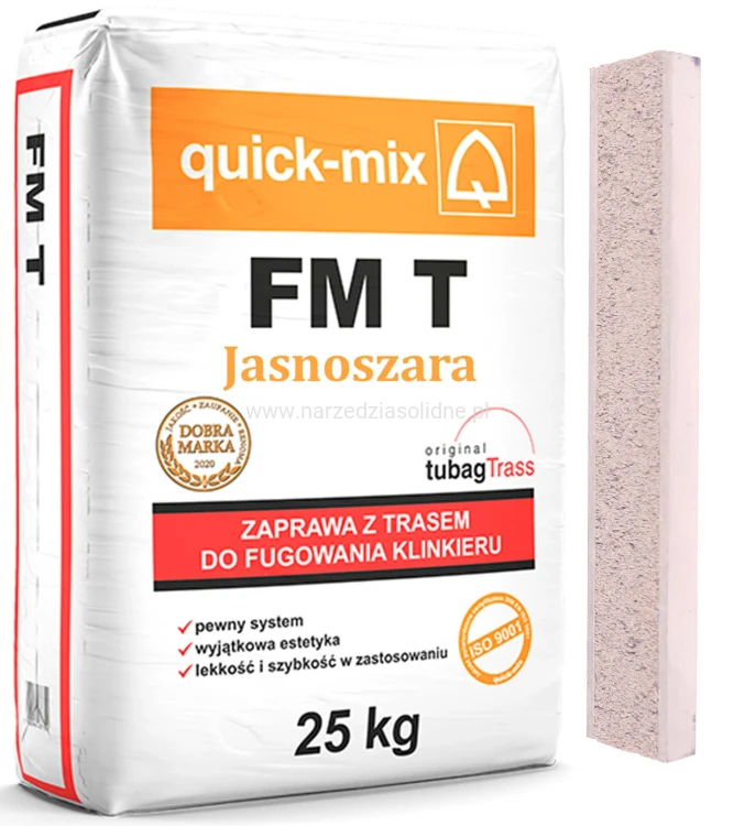 Quick-Mix FM T fuga do klinkieru z trasem 25 kg, zaprawa do fugowania z trasem jasnoszara