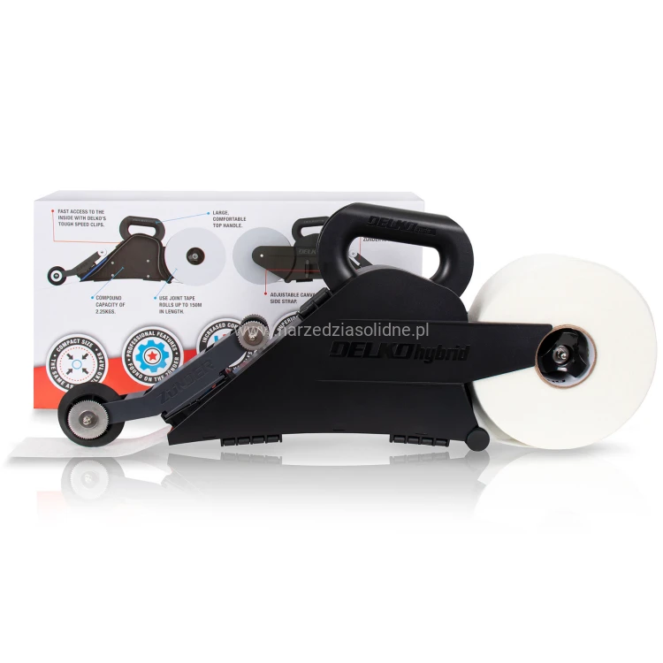 Spoiner do płyt gk, urządzenie DelkoTools Hybrid, banjo do łączenia taśm z masą szpachlową