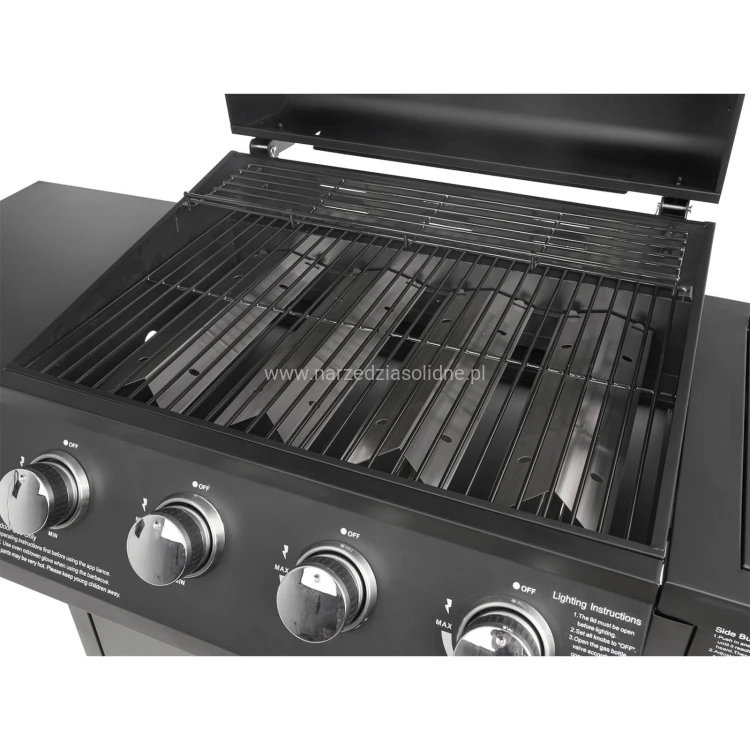 Grill gazowy, 5 palników (4+1) 15kW, cztery skrętne koła, w tym dwa z hamulcem, zapłon piezoelektryczny