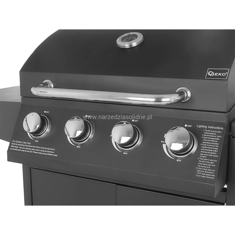 Grill gazowy, 5 palników (4+1) 15kW, cztery skrętne koła, w tym dwa z hamulcem, zapłon piezoelektryczny