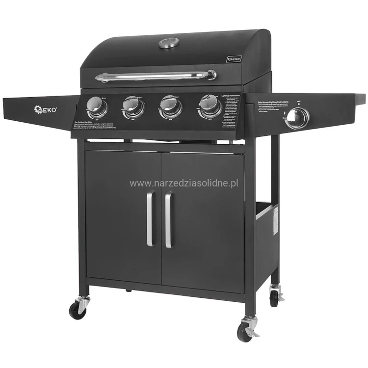 Grill gazowy, 5 palników (4+1) 15kW, cztery skrętne koła, w tym dwa z hamulcem, zapłon piezoelektryczny