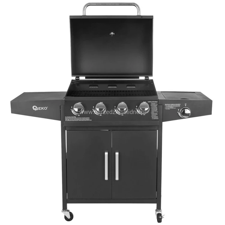 Grill gazowy, 5 palników (4+1) 15kW, cztery skrętne koła, w tym dwa z hamulcem, zapłon piezoelektryczny
