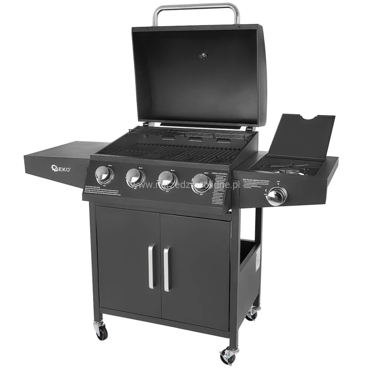 Grill gazowy, 5 palników (4+1) 15kW, cztery skrętne koła, w tym dwa z hamulcem, zapłon piezoelektryczny