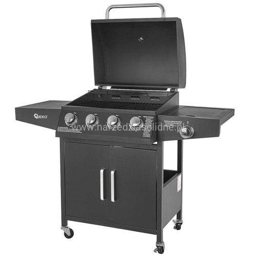 Grill gazowy, 5 palników (4+1) 15kW, cztery skrętne koła, w tym dwa z hamulcem, zapłon piezoelektryczny
