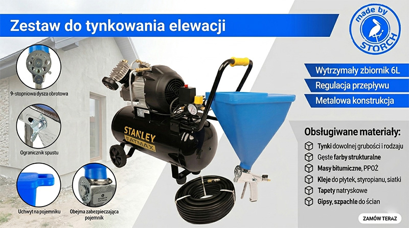 Zestaw do tynkowania elewacji, nakładanie tynku pistoletem, zestaw do natryskiwania tynków na elewację