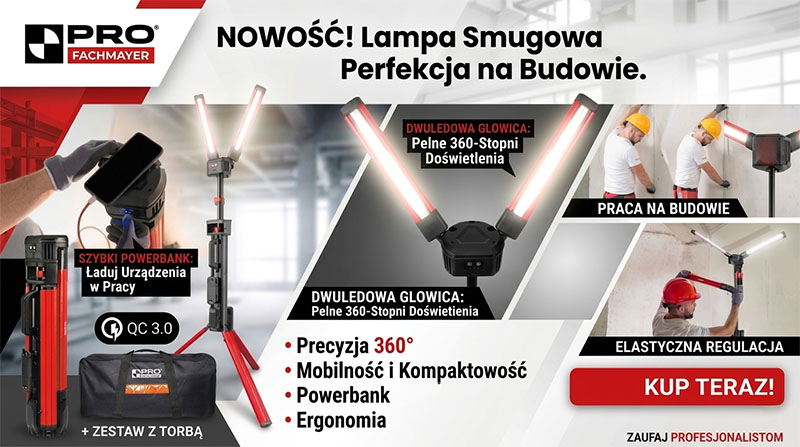 Lampa smugowa LED, do gładzi, Pro Fachmayer, mocna akumulatorowa lampa smugowa z regulacją w każdym kierunku