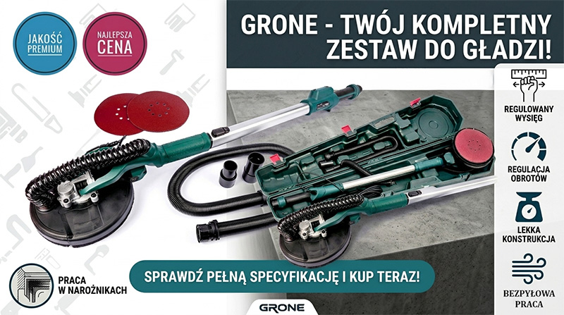 Żyrafa do gipsu, szlifierka do ścian, żyrafa do gładzi na wysięgniku - profesjonalny zestaw Grone